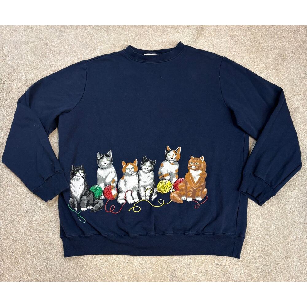 Blair Vintage Cat Yarn Navy Blue Graphic Crewneck Sweatshirt Size L